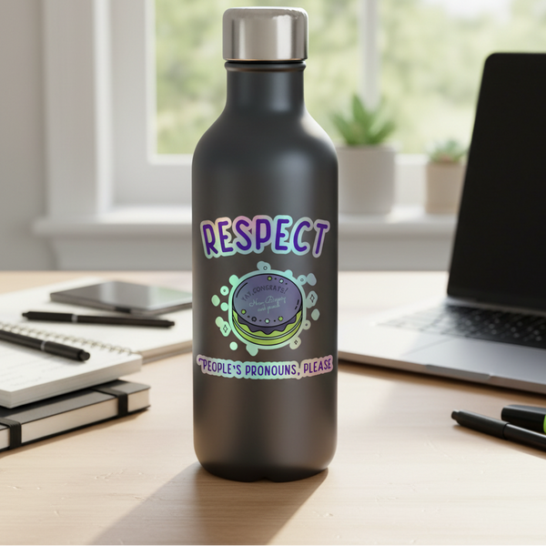 Respect People's Pronouns Please holographic sticker pops on a black water bottle, surrounded by queer-coded vinyl decals