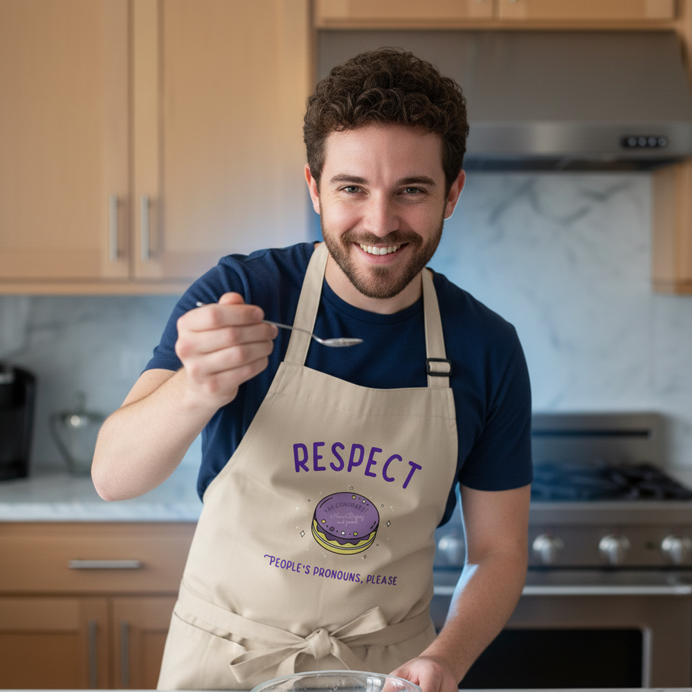 Smiling person in a kitchen wearing a beige apron reading “RESPECT PEOPLE’S PRONOUNS, PLEASE”
