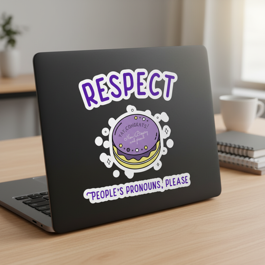 Bubble-free "RESPECT PEOPLES PRONOUNS, PLEASE" sticker with purple macaron on black laptop, wooden desk