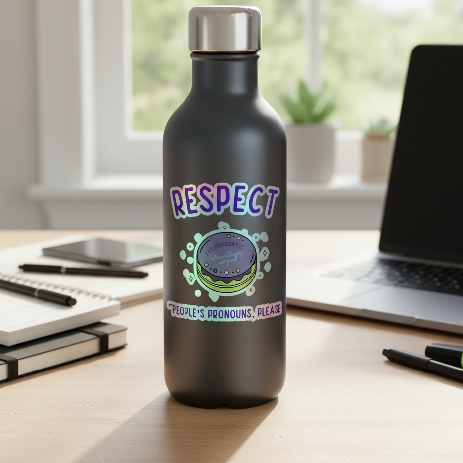 Respect People's Pronouns Please holographic sticker pops on a black water bottle, surrounded by queer-coded vinyl decals
