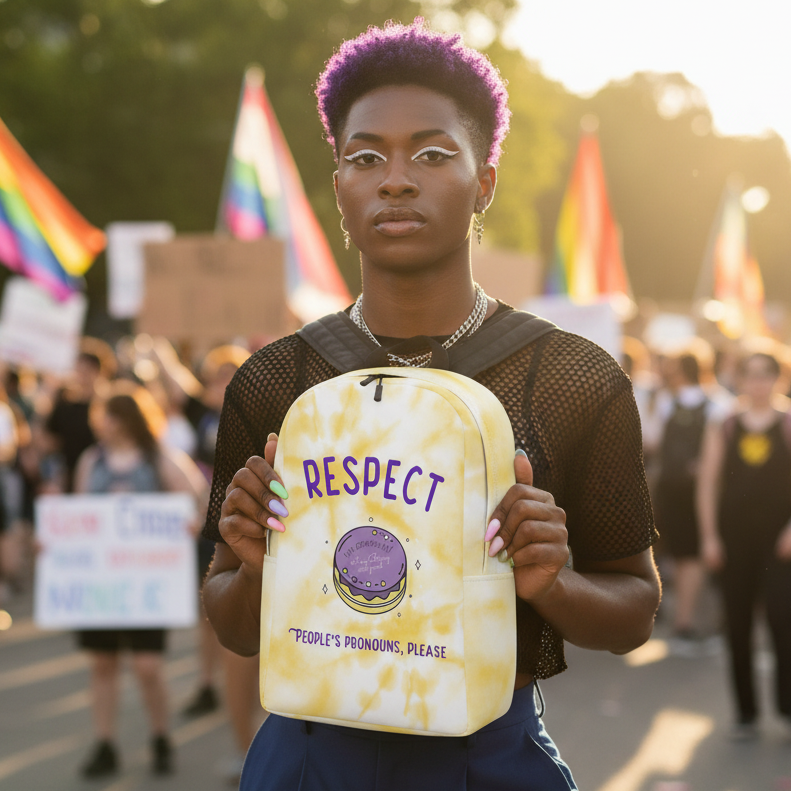 Respect People's Pronouns Please Minimalist Backpack carried by a person with short purple hair at Pride