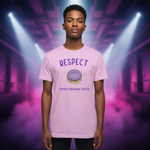 Respect Peoples Pronouns Please T-Shirt on a person; bold RESPECT over a sandwich, Peoples pronouns