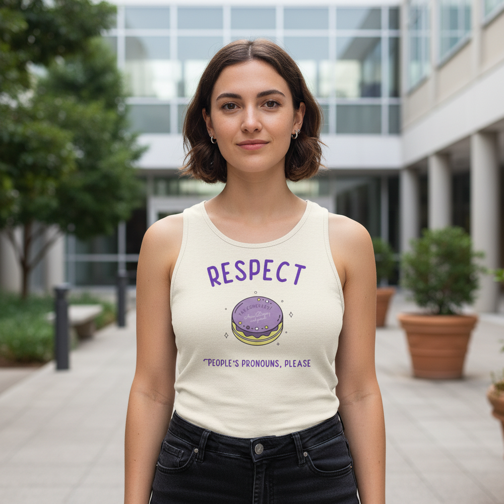 Respect Peoples Pronouns Please Unisex Tank Top worn by a short-haired person outside in a courtyard with plants and modern