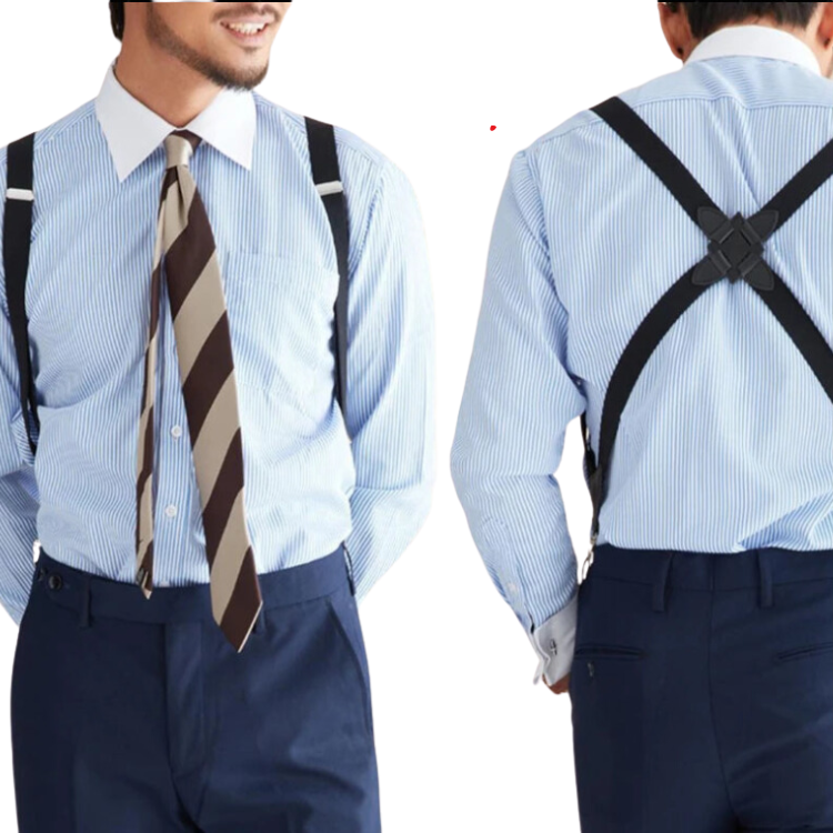 Front and back views of black cross-back suspenders worn over a striped shirt