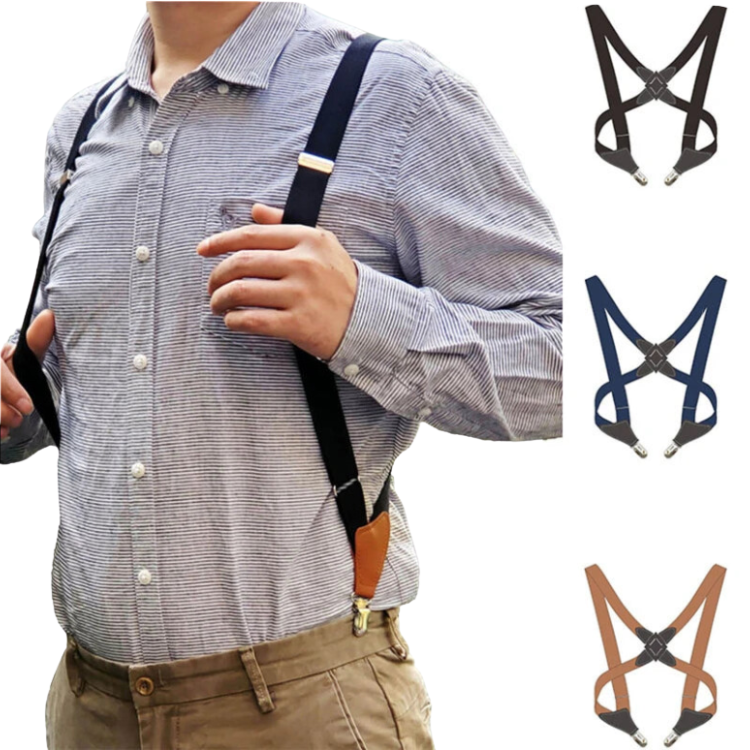 Model wearing black cross-back suspenders over a striped shirt, with black, navy, and tan options shown