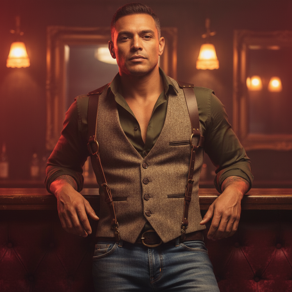 Person wearing a brown button-front vest with pockets over a dark shirt