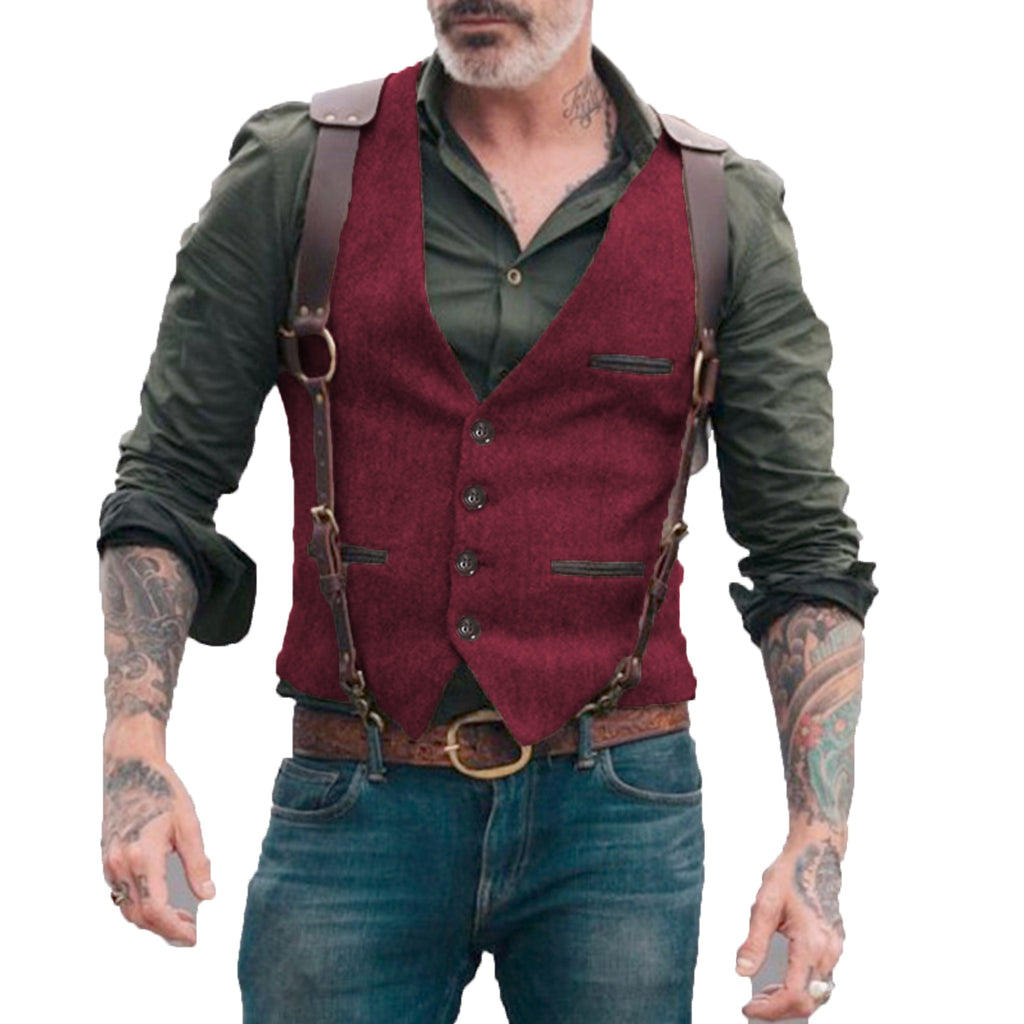 Front view of a person wearing a burgundy button-front vest with multiple pockets and side straps