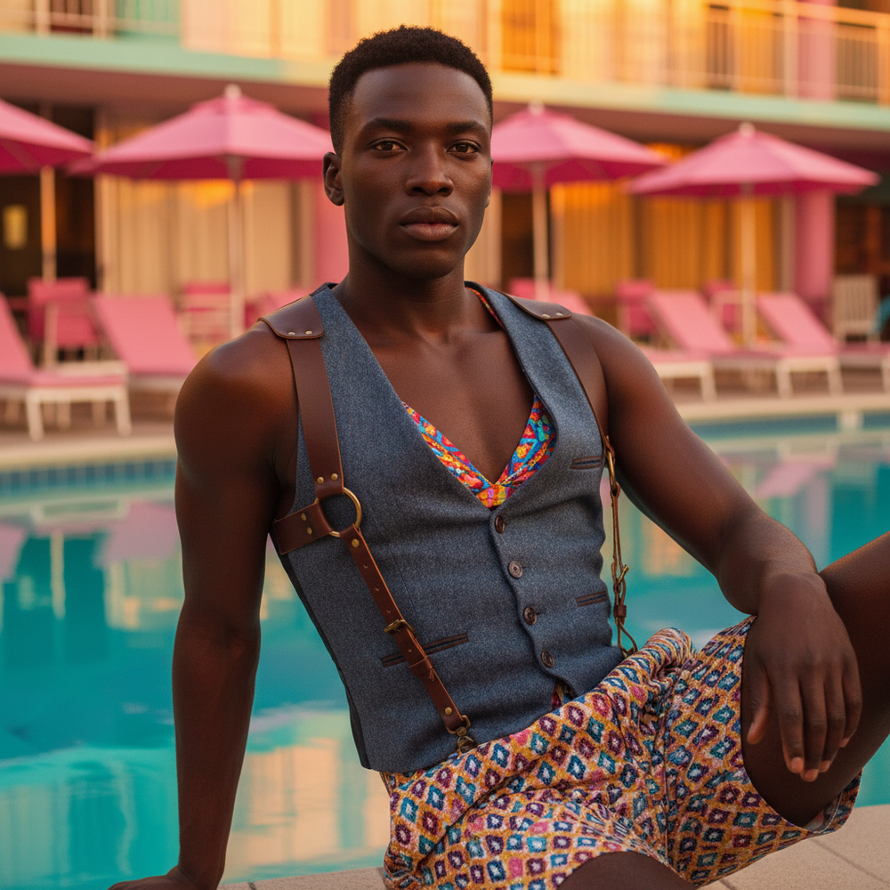 Model seated beside a pool wearing a blue-gray buttoned vest with brown leather straps and pockets