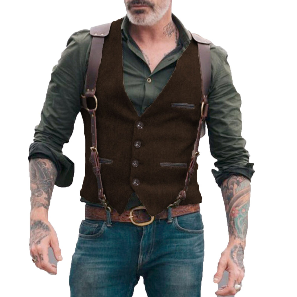 Front view of a person wearing a dark brown buttoned vest over a green shirt