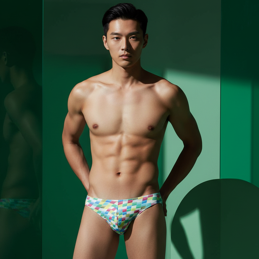 Retro Green Low Rise Briefs with bold geometric print on a confident, shirtless person in front of a green backdrop