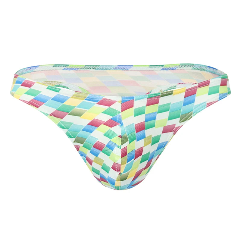 Front view of low-rise briefs with a multicolored geometric patchwork print