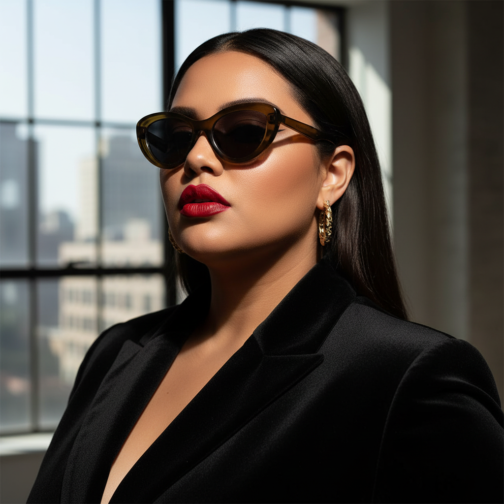 Retro Love Cat Eye Sunglasses on a femme with long dark hair