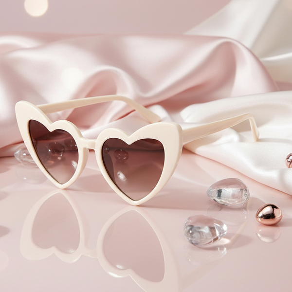 Cream heart-shaped sunglasses with brown lenses on a glossy pink surface