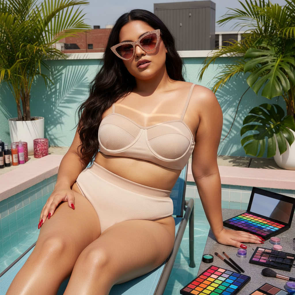 Person with long dark hair in Retro Push Up High Waisted Bikini and cat-eye sunglasses lounges poolside with makeup, plants