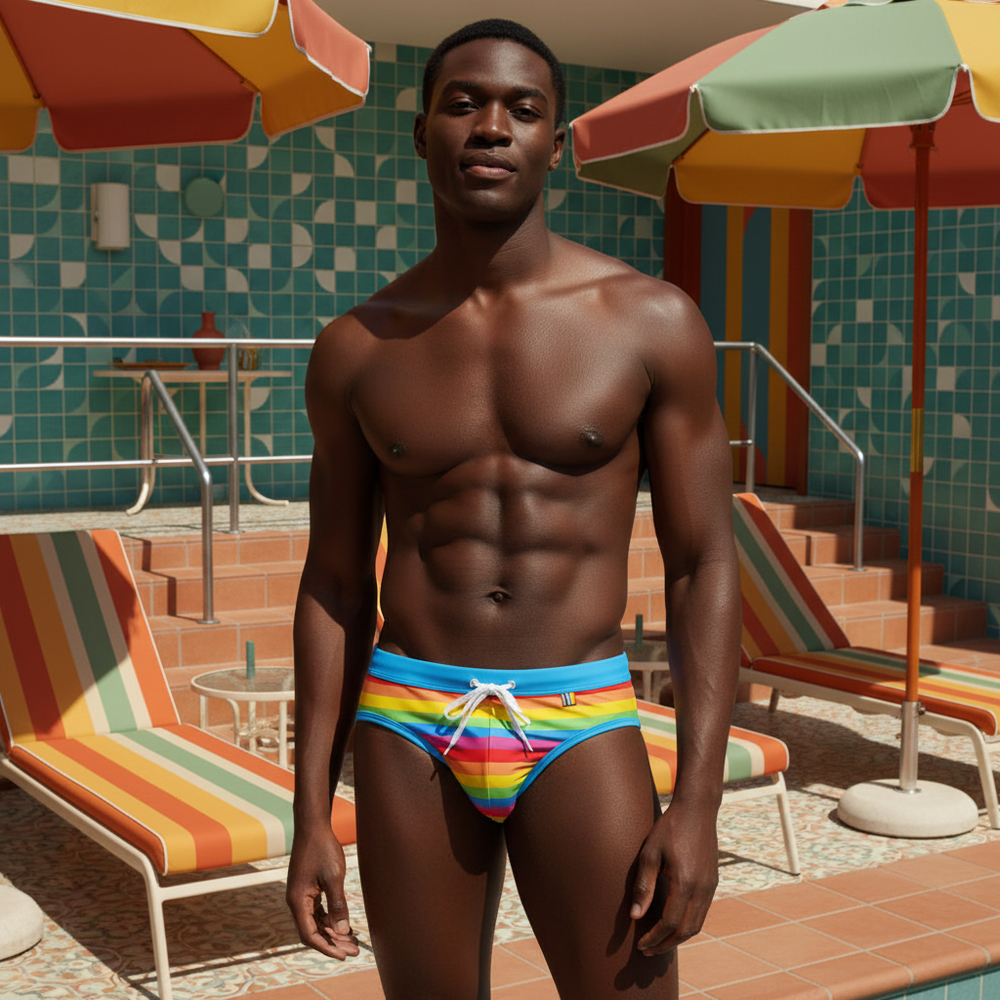 Retro Rainbow Swim Briefs stands by a vintage pool with teal tiles, orange floor, striped loungers, and rainbow walls