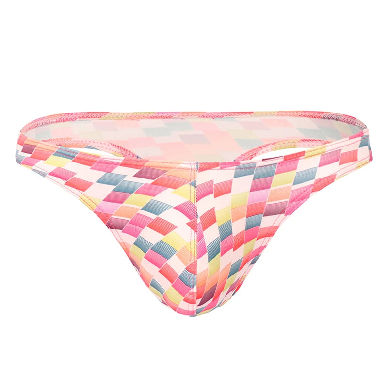 Front view of colorful low-rise briefs with a geometric striped patchwork print