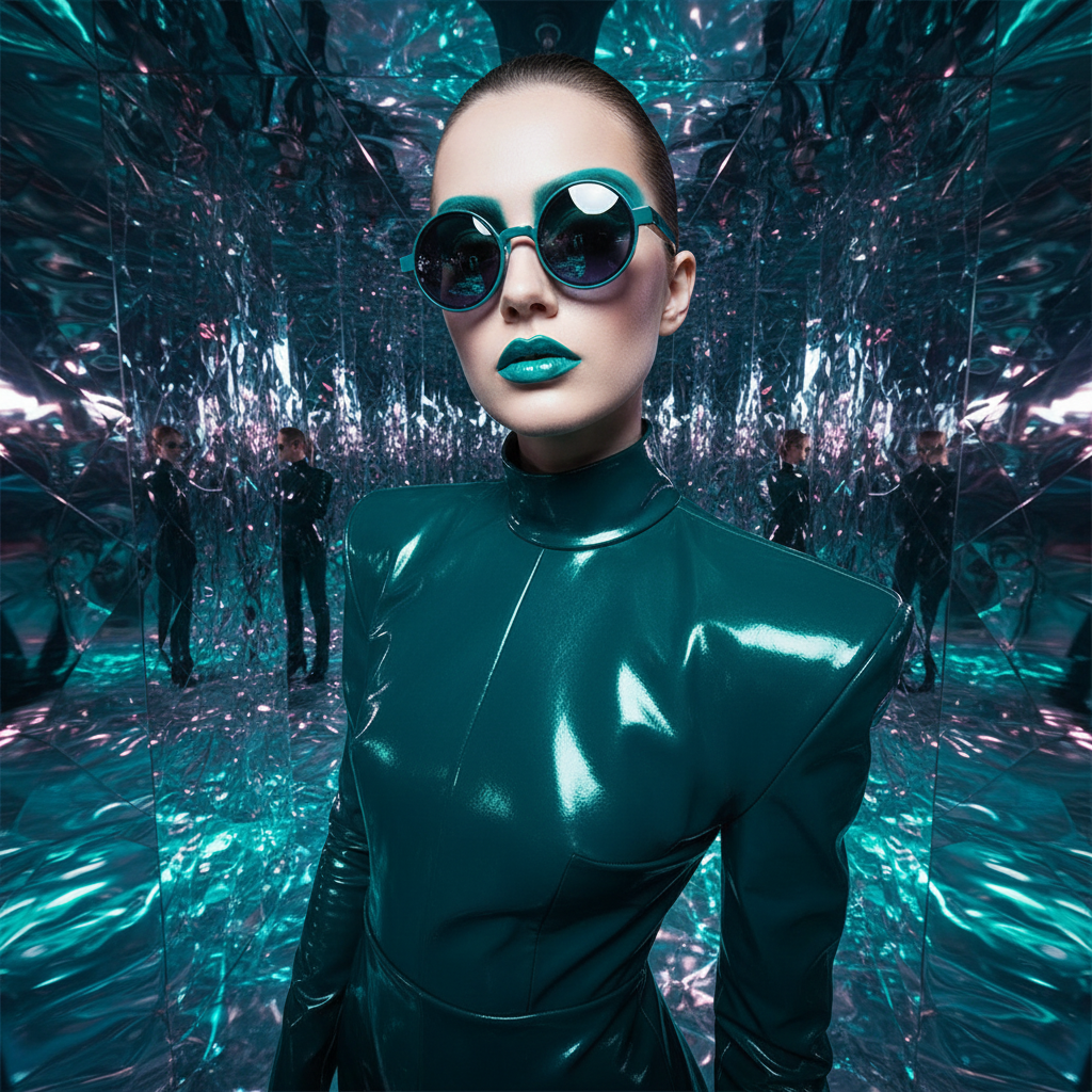 Retro round punk sunglasses and a shiny teal futuristic outfit, worn by a confident woman in a metallic, mirror-walled space.