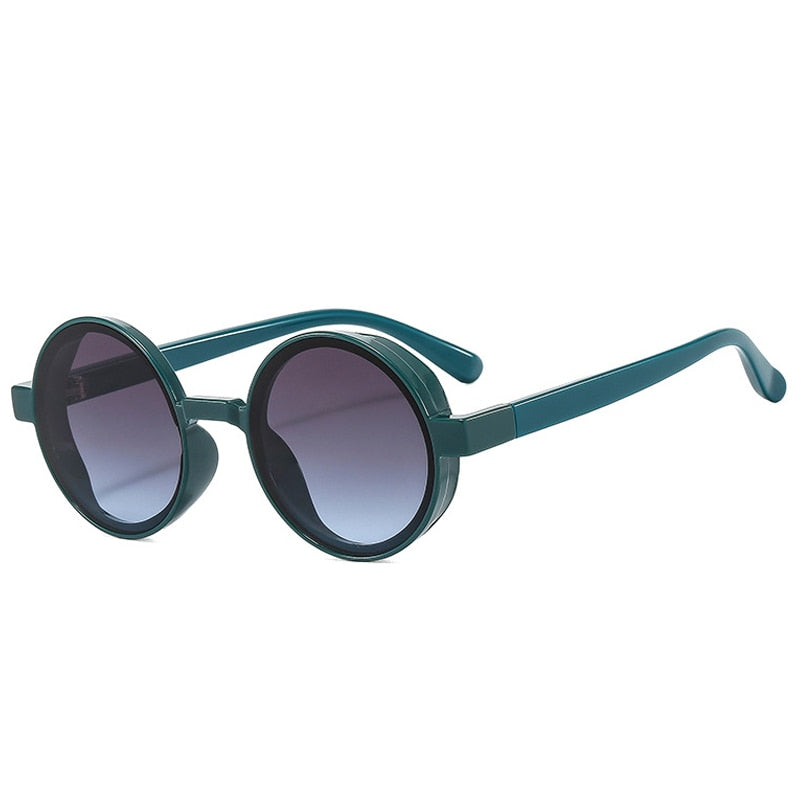 Teal round sunglasses with dark gradient lenses, shown at an angled three-quarter view