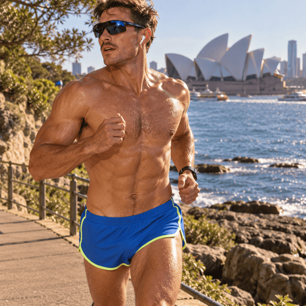 Shirtless runner wearing bright blue shorts with neon yellow trim by Sydney Harbour