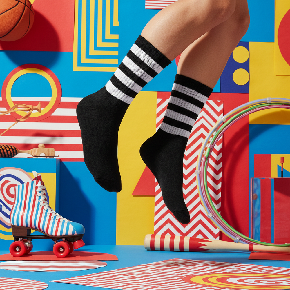 Black crew socks with three white stripes, shown worn with colorful retro sports props