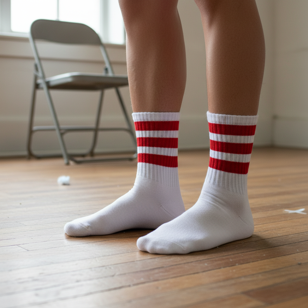 A person on a wooden floor wears white Retro Three Stripes Cotton Socks with bold red stripes