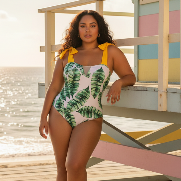 Model wearing a tropical-print one-piece swimsuit with yellow tie shoulder straps by the sea