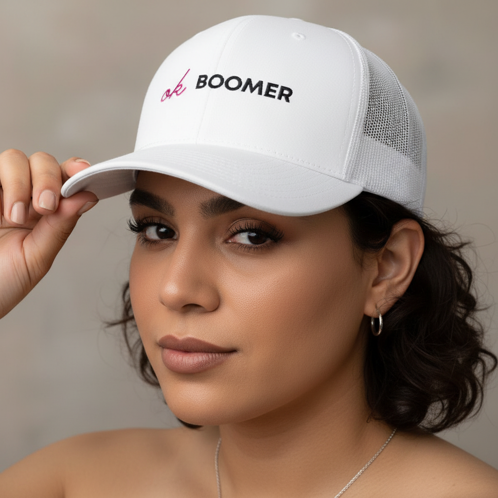 Trucker hat with white mesh back and “ok BOOMER” in black and pink worn by a femme with short dark hair, confidently posing.