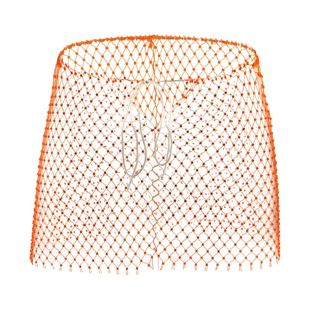 Front view of orange rhinestone mesh shorts with a white drawstring