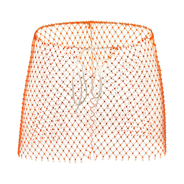 Front view of orange rhinestone mesh shorts with a white drawstring