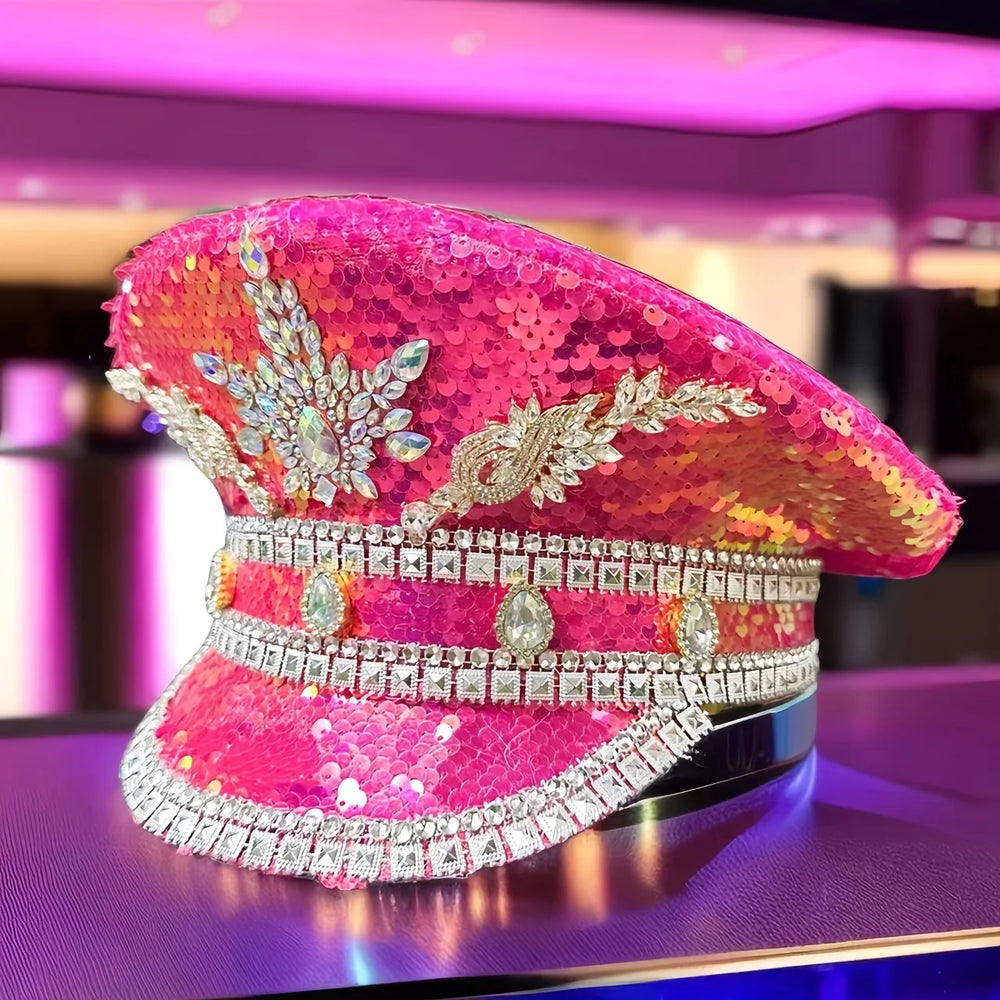 Pink sequined captain-style hat with rhinestone crown, anchor, and silver trim