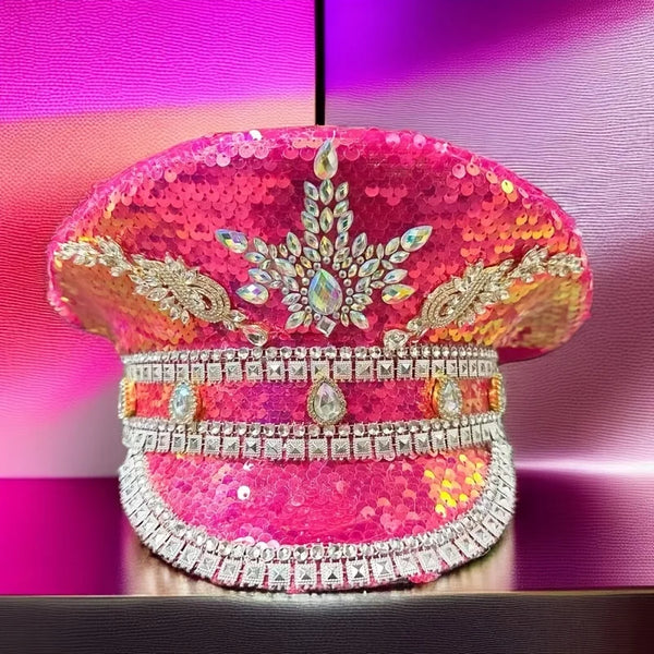 Front-facing pink sequined captain-style hat with rhinestone bands and jeweled emblem