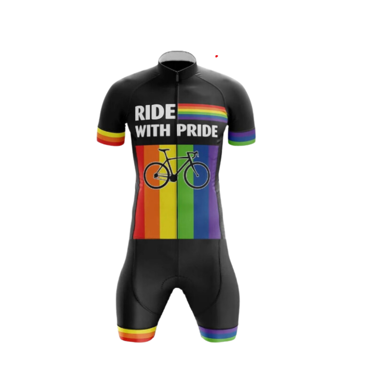 Front view of a black cycling skinsuit with rainbow stripes, bicycle graphic, and “RIDE WITH PRIDE” text