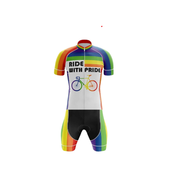 Front view of a rainbow cycling skinsuit with “RIDE WITH PRIDE” and bicycle graphics