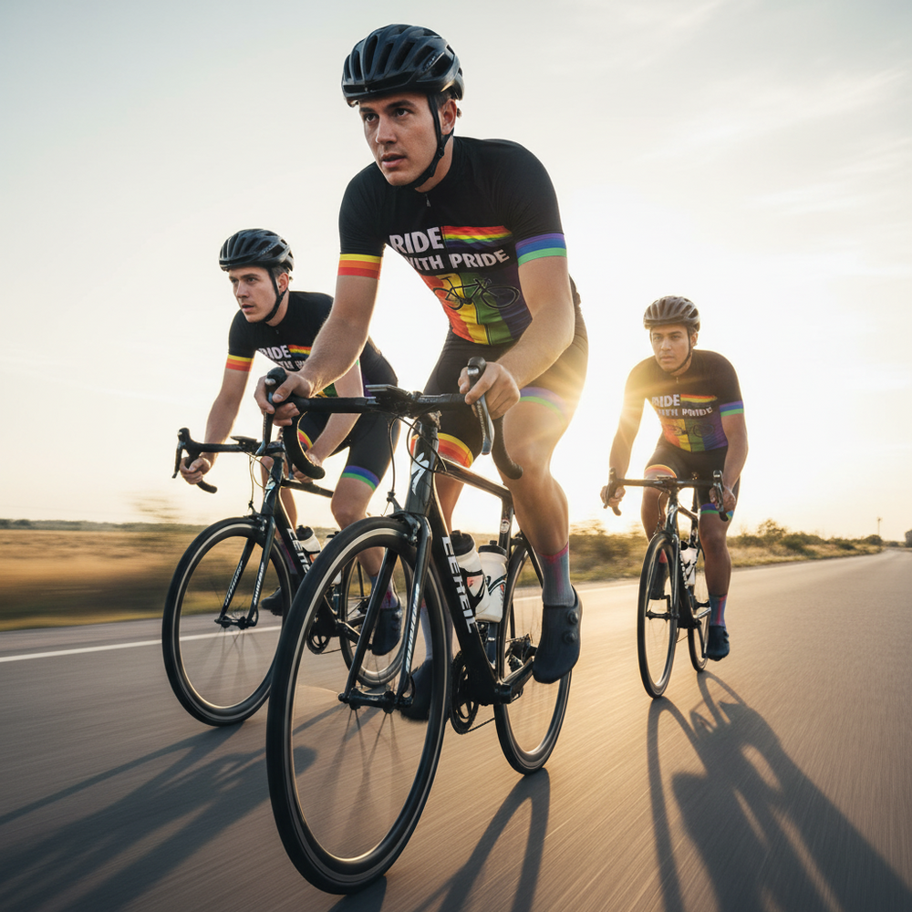 Three cyclists in black rainbow-striped skinsuits ride road bikes on a sunlit road