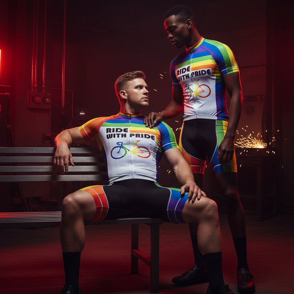 Two people model rainbow-striped cycling skinsuits in a dark industrial setting