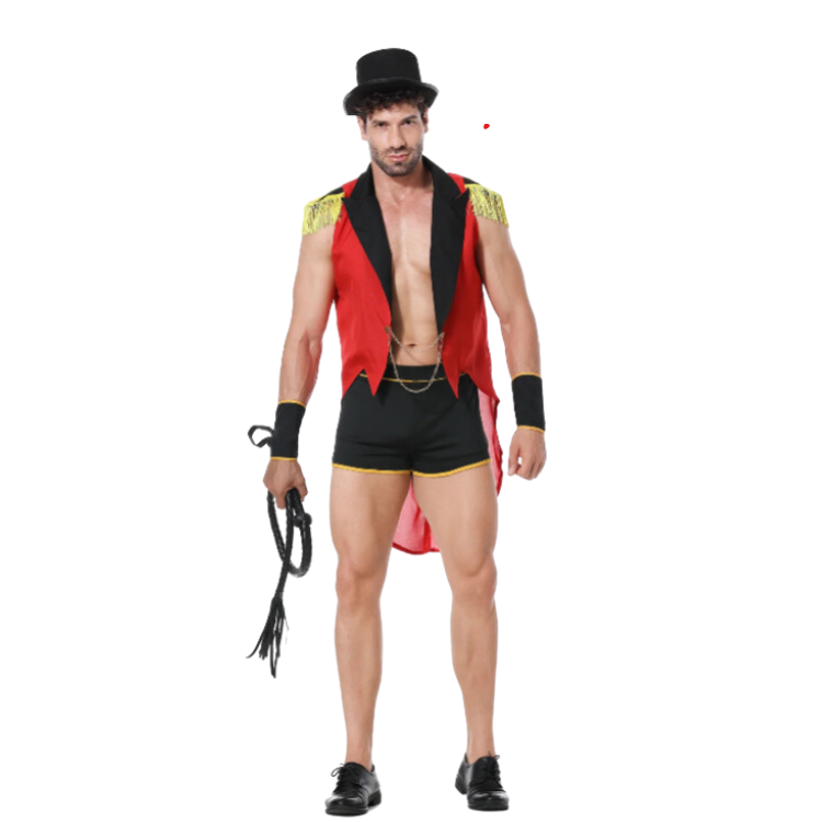 Front-facing person in a red ringmaster tailcoat, black shorts, top hat, cuffs, and whip