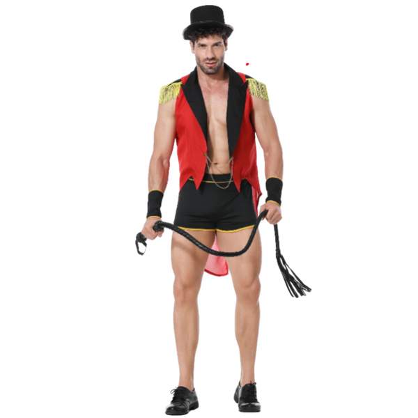 Front-facing person in a red ringmaster vest, top hat, shorts, and holding a whip