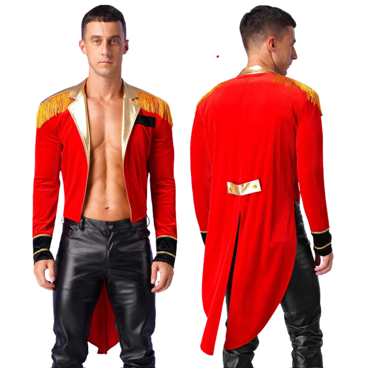 Front and back views of a red ringmaster jacket with gold fringe and tails
