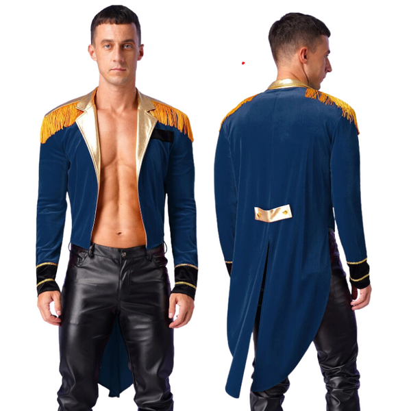 Front and back views of a person wearing a navy ringmaster jacket with gold fringe