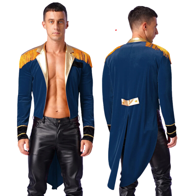 Front and back views of a person wearing a navy ringmaster jacket with gold fringe