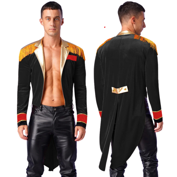 Front and back views of a black ringmaster jacket with gold fringe and red trim