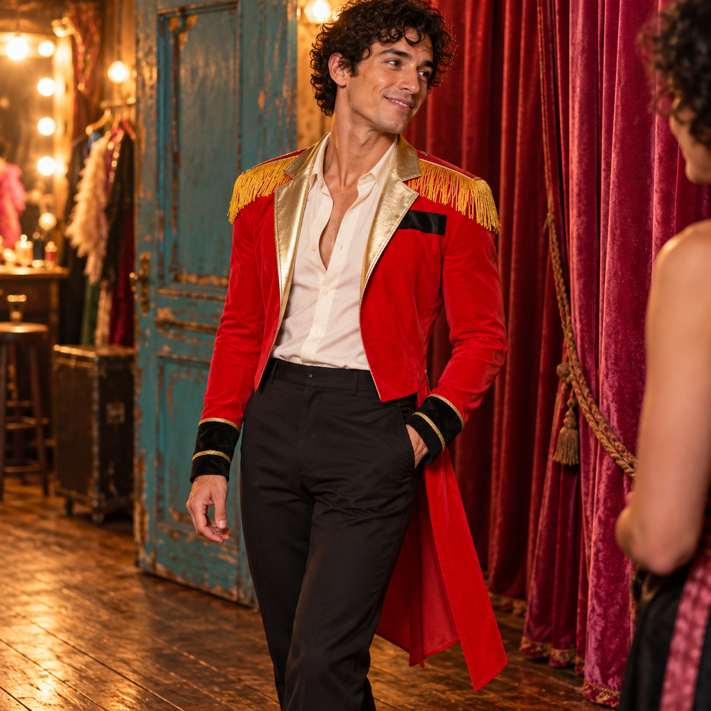 Ringmaster's Fringed Jacket Circus Domination Costume in Red, photographed in a warm pink Western dance-hall setting.