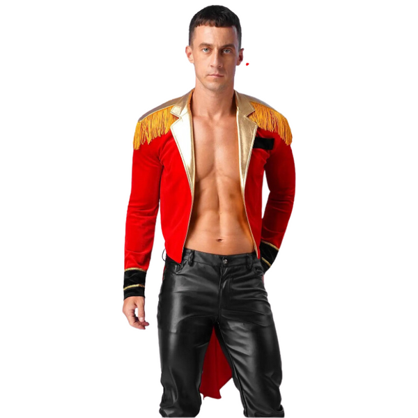 Front-facing person modeling a red ringmaster jacket with gold fringe and black pants
