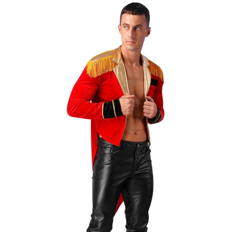 Front-facing person models an open red ringmaster jacket with gold lapels and shoulder fringe