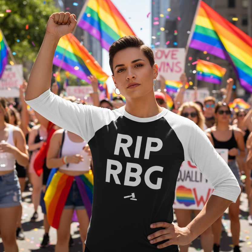 RIP RBG 3/4 sleeve raglan shirt worn by a short-haired person, fist raised at pride parade