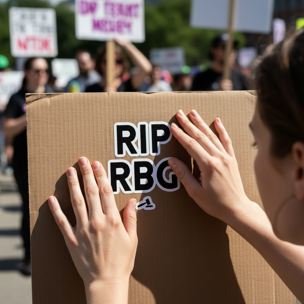 Bubble-free stickers reading "RIP RBG" and other custom designs stand out on cardboard protest signs