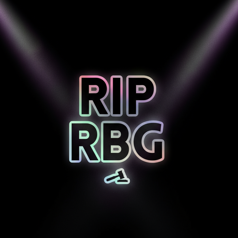 Holographic “RIP RBG” sticker with a small gavel graphic on a black background