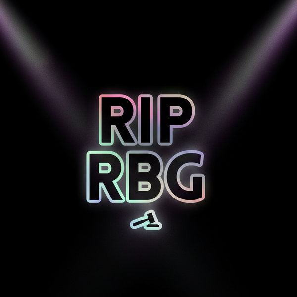 Holographic “RIP RBG” sticker with a small gavel graphic on a black background