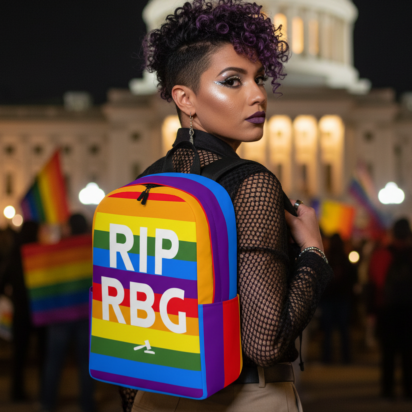 RIP RBG Minimalist Backpack with a bold gavel graphic, worn by a femme with purple curls and proud makeup