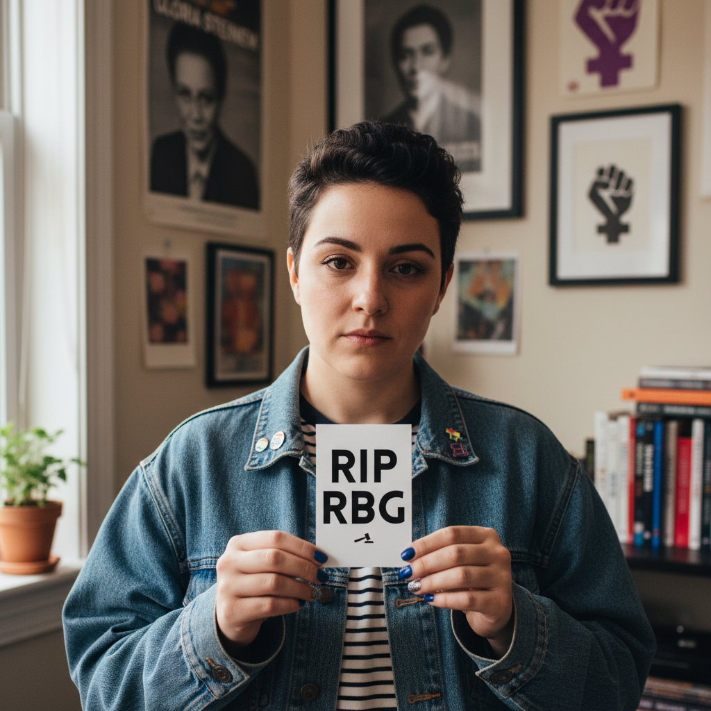 RIP RBG Postcard held by a person in denim, surrounded by activist posters, bookshelves, pride stickers